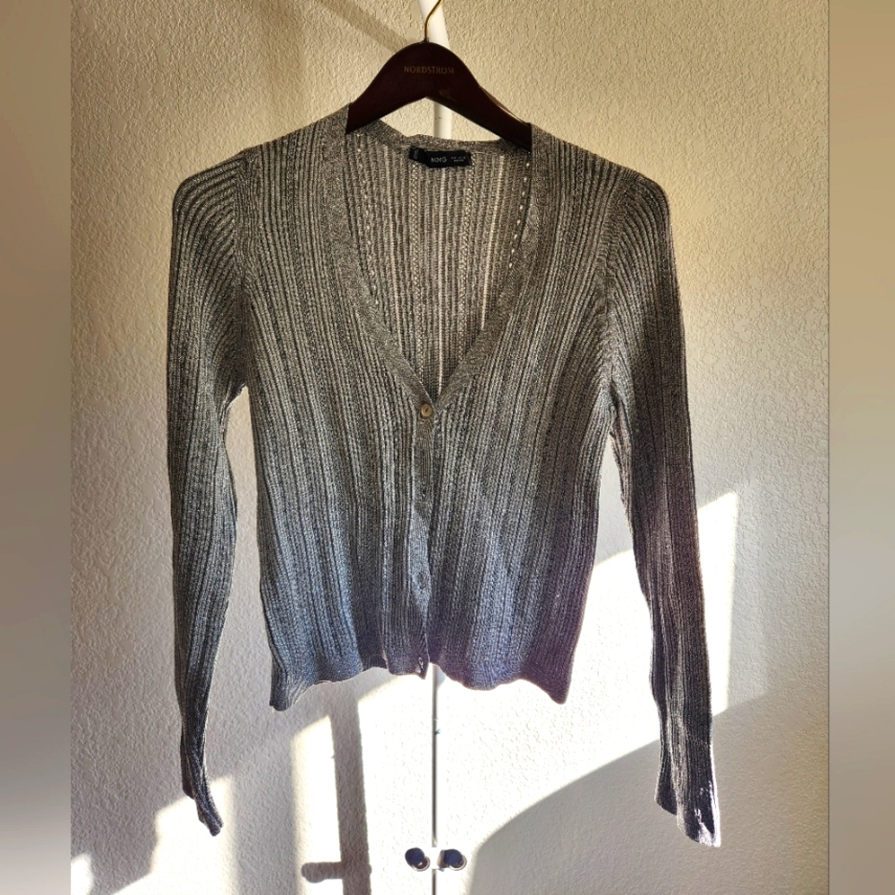 Like new! Mango Metallic Gray/Silver Ribbed Fitted Cardigan. Size XL